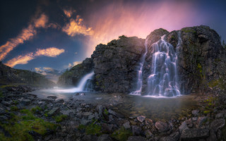 Waterfall rocky landscape sunset fantasy - a sunset free wallpaper