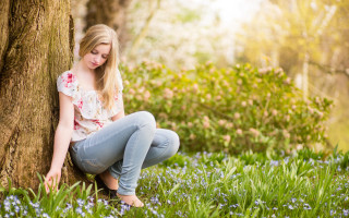 Girl grass tree blueflowers naturalism - the grass next free wallpaper