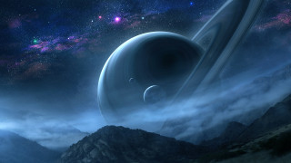 Planet ring mountains stars clouds - david free wallpaper for desktop