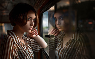 Window woman striped shirt portrait - another woman free wallpaper