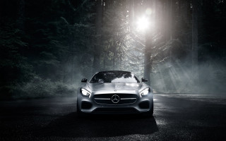 Mercedes sports car forest night 5 - photorealistic lighting free wallpaper