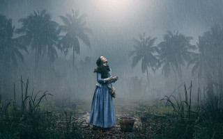 Woman blue dress rain flower - the rain free wallpaper