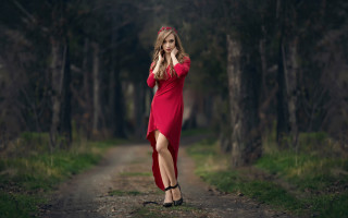 Woman red dress woods blonde - a path free wallpaper for desktop