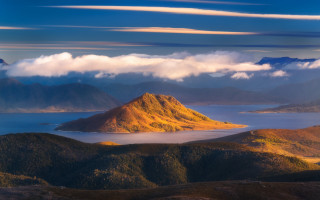 Mountain lake clouds sunset cityscape - dramatic light free wallpaper