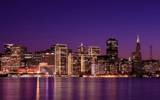 City skyline night purple water 4 - the building free wallpaper