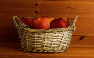 Basket apples wooden table wood - wall behind free wallpaper