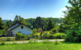 House field fence forest blue - american impressionism free wallpaper