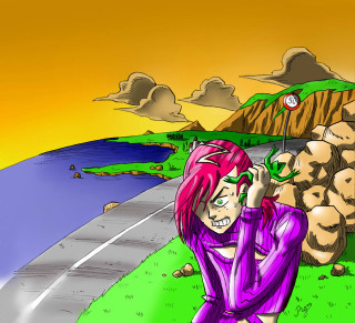 Pink haired giantess woman road - a green plant free wallpaper for tablet