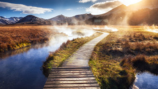 Wooden path mountains lake sunset - a wooden path free wallpaper for desktop