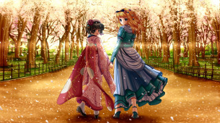 Two women walking snowy path - two woman free wallpaper
