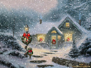 Christmas scene house lantern snow 2 - thomas kindkade free wallpaper