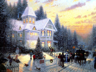 Christmas scene horse carriage street - thomas kindkade free wallpaper
