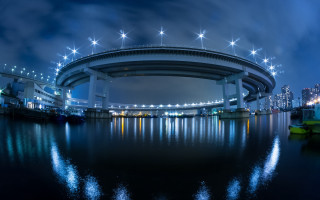 Bridge night city lights moon - aimitsu free wallpaper