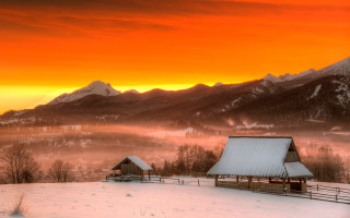 Snowy landscape barn mountains sunset - a snowy landscape free wallpaper