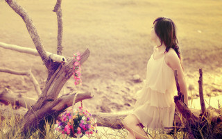 Woman log tree flowers bird - chen lin free wallpaper