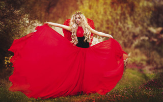 Woman red dress forest autumn - dirk crabeth free wallpaper for desktop