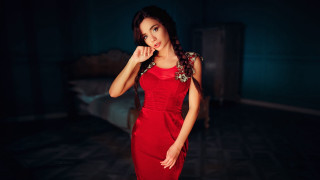 Woman red dress portrait brown - a chair free wallpaper for desktop