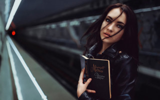 Gothic fashion woman black leather - a book in her hands free wallpaper