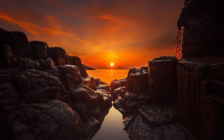 Sunset mountains rocks boat cloudy - adam bruce thomson free wallpaper