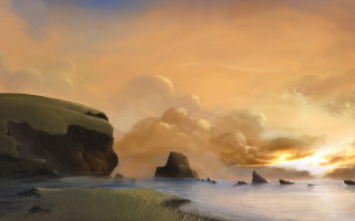 Sunset mountain water fantasy matte - a mountain in the background and a body of water free wallpaper