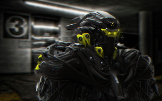 Futuristic man cyberpunk suit gun 2 - a gun in a room free wallpaper