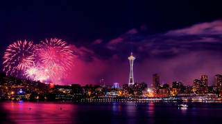 City skyline fireworks bridge lake - american romanticism free wallpaper