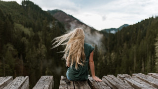 Woman mountain view blonde dress - a wooden platform free wallpaper