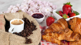 Coffee croissant strawberries food photorealism - delaunay free wallpaper for desktop