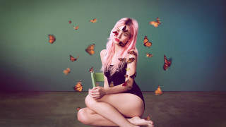 Pink hair woman butterflies autumn - charlotte harding free wallpaper