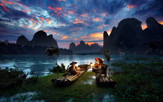 Birds bench lake sunset mountains - a wooden bench next free wallpaper