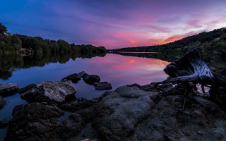 Lake rocks tree stump sunset - mystical free wallpaper for desktop