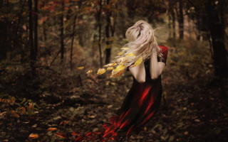 Woman red dress woods autumn 2 - brooke shaden free wallpaper