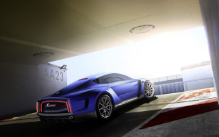 Blue sports car parking garage - a red stripe free wallpaper