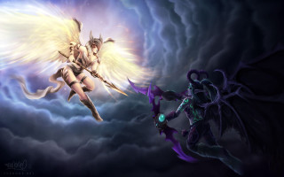 Woman sword demon wings clouds - a painting of a woman free wallpaper