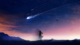 Woman hill starry sky shooting - star in the distance free wallpaper