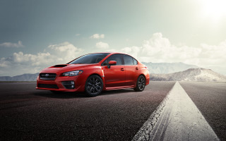 Red car mountains sunshine beach - a bright sun free wallpaper