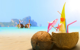 Coconut straw umbrella beach boat - unreal engine free wallpaper for desktop