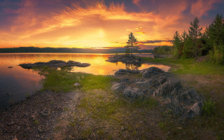 Sunset lake tree rock matte - andrey ryabovichev free wallpaper