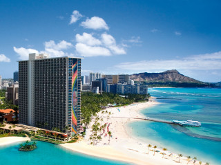 Beach hotel boat water city - international typographic style free wallpaper for desktop