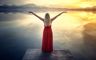 Woman dock red dress outstretched - constance copeman free wallpaper