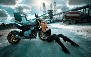 Woman motorcycle factory sky clouds - the ground next free wallpaper