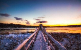 Wooden walkway lighthouse sunset lake - a light house free wallpaper