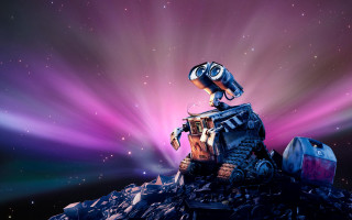 Robot rocks sky brightlight aurora - top of a pile free wallpaper