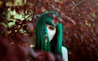 Green hair gothic portrait bangs - red leaf free wallpaper