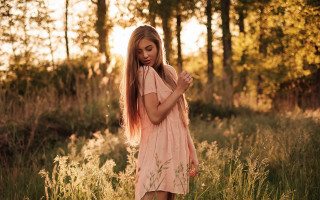 Woman pink dress field autumn - tall grass and trees free wallpaper