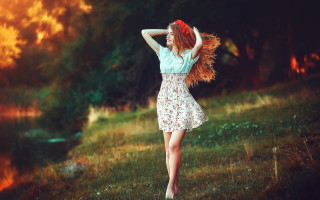 Woman flower field sunset impressionist - a red flower free wallpaper