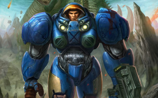 Blue suit man giant robot - a huge head free wallpaper