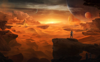 Desert sunset planet mountain cliff - matte painting concept art free wallpaper