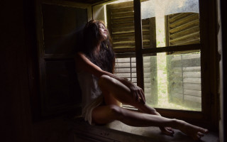 Woman sitting window sill outside - the grass outside free wallpaper