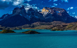 Mountain lake boat bridge city - beautiful landscape free wallpaper